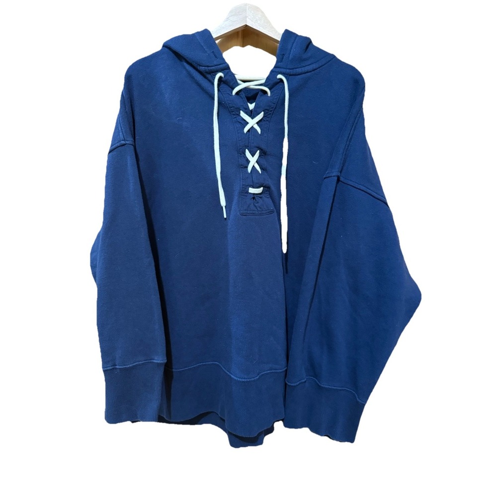 Polo Ralph Lauren Womens Oversized Navy Lace Up Fleece‎ Hoodie Pullover XS/S EUC